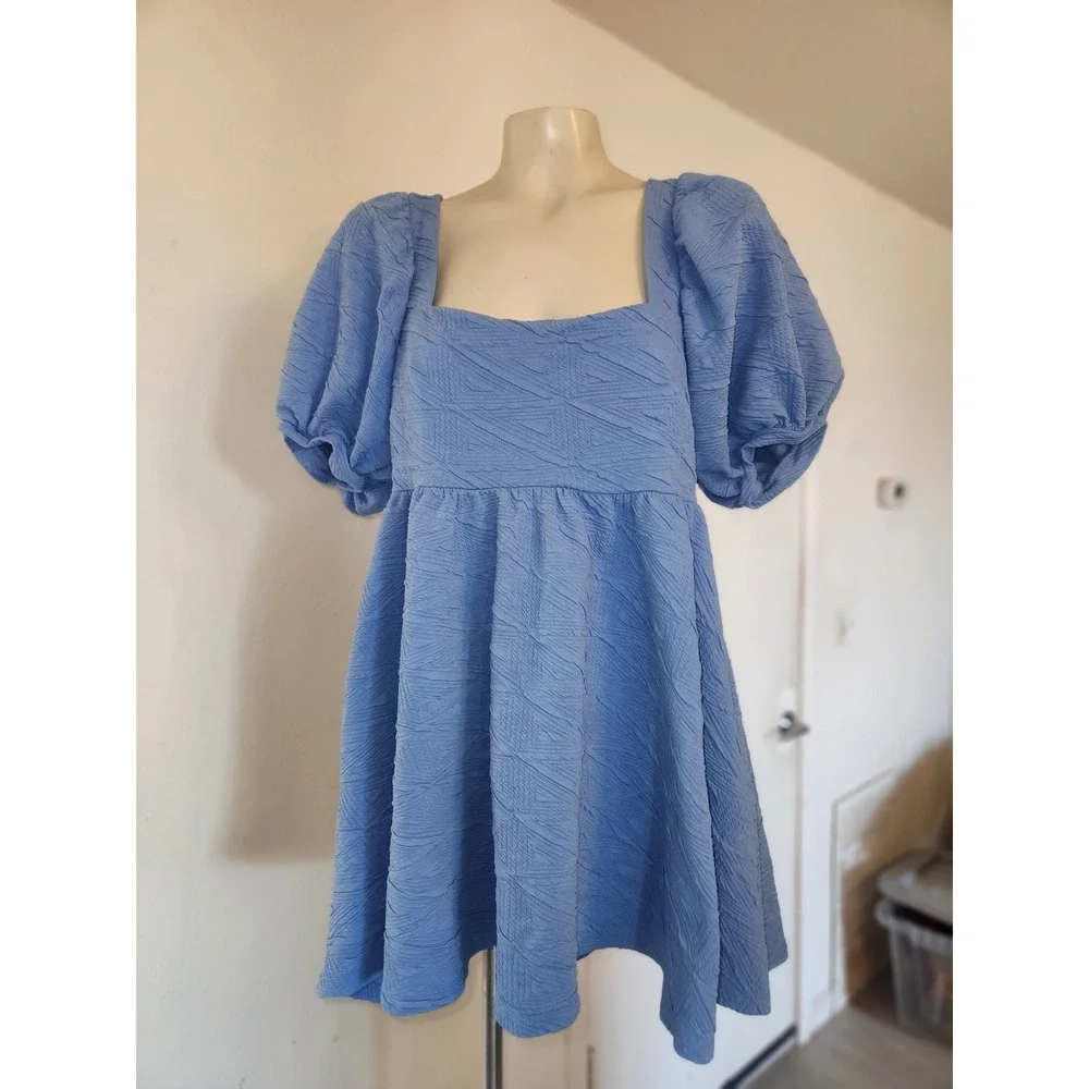 Free People Violet Mini Dress Blue Puff Sleeve Square Neck Textured M Coastal